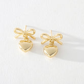 Juliet Bow Earrings with Heart Dangle in Gold